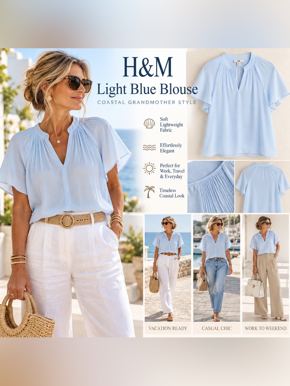 H&M Light Blue Pleated Flutter Sleeve Blouse Size Small Coastal Romantic